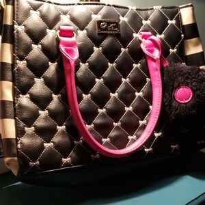 Betsey Johnson Black Quilted Tote with Pink Accents